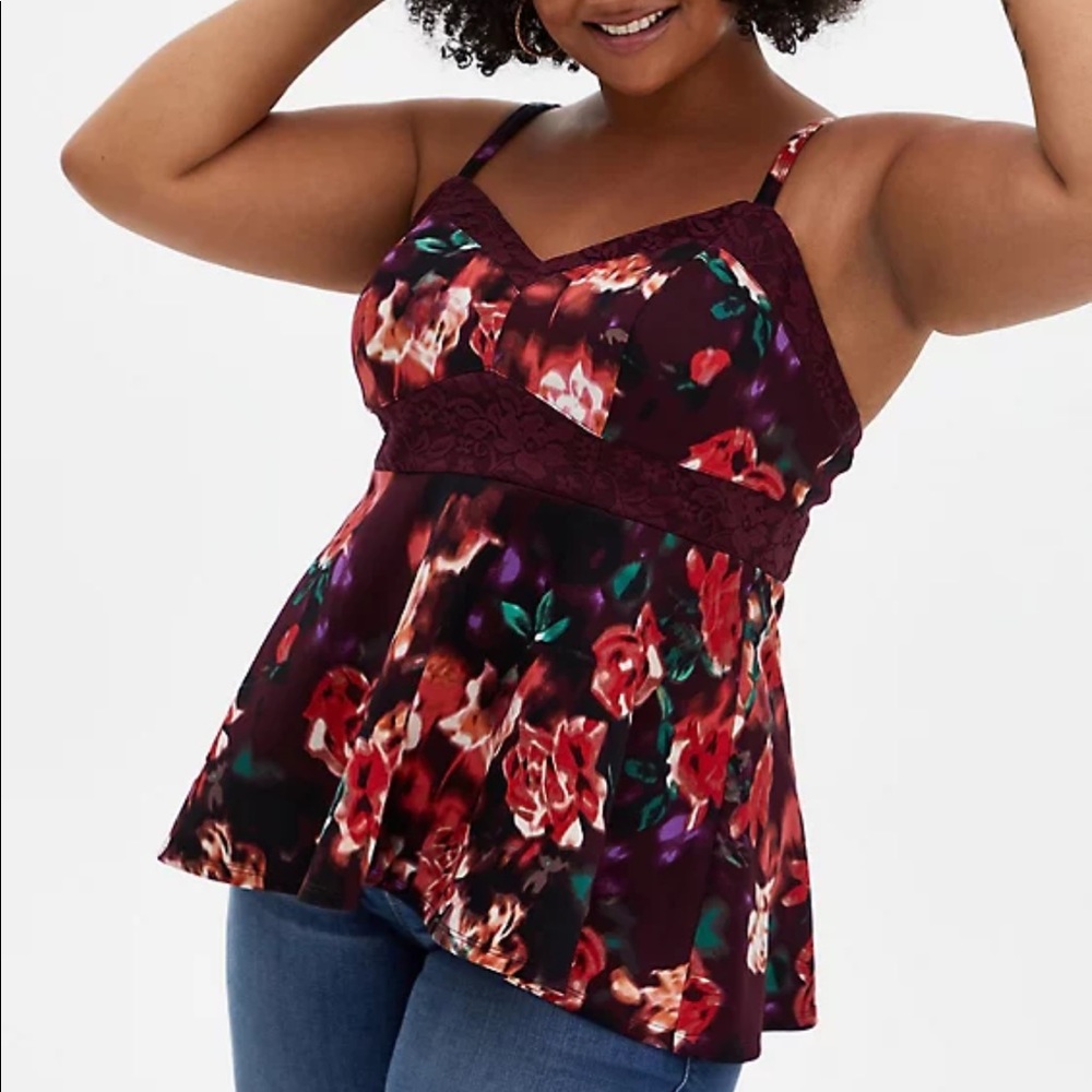 Torrid burgundy floral scuba knit & lace peplum tank